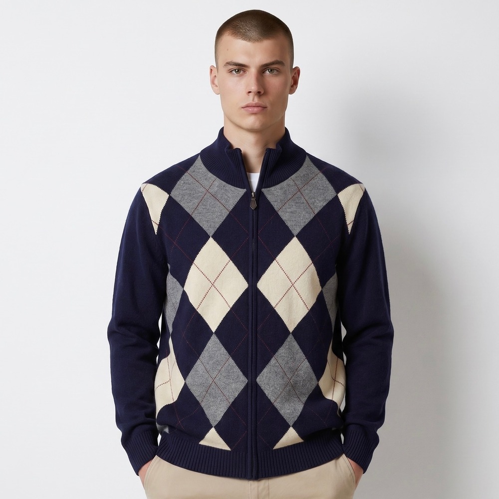 Brooks Brothers Cardigan Mens XL Navy Argyle Scottish Lambswool Full Zip Sweater
